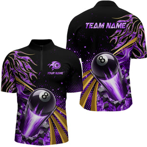 Flaming 8 Ball Pool Crack Billiard Shirts For Men Custom Pool Billiard Shirt Team Jerseys |Purple TDM3045