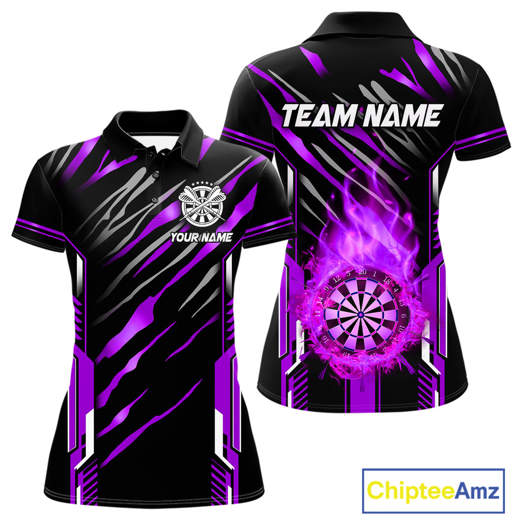 3D Darts Board Fire Flame Custom Dart Shirts For Women, Dart League Jerseys Team Uniform |Purple TDM5052