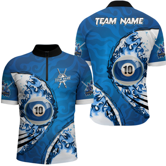 Blue Flaming 10 Ball Billiards Men Quarter-Zip Shirts, Custom 10 Balls Pool Player Shirts TDM0957