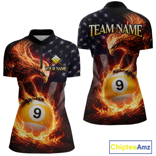 American Flag Flame 9 Ball Eagle Billiard Shirt For Women Custom Pool Team Shirt, Billiard Jersey TDM5788