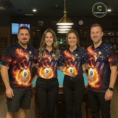 American Flag Flame 9 Ball Eagle Billiard Shirt For Men Custom Pool Team Shirt, Billiard Jersey TDM5788