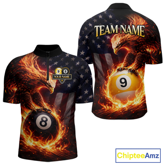 American Flag Flame 8 Ball & 9 Ball Eagle Billiard Shirt For Men Custom Patriotic Pool Team Jersey TDM5789