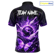 Load image into Gallery viewer, Personalized Purple Butterfly Skull Bowling Shirt For Men Custom Bowling Jersey Polo &amp; 1/4 Zip TDM6383