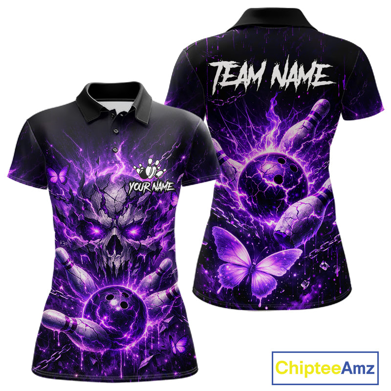 Personalized Purple Butterfly Skull Bowling Shirt For Women Custom Bowling Jersey Polo & 1/4 Zip TDM6383