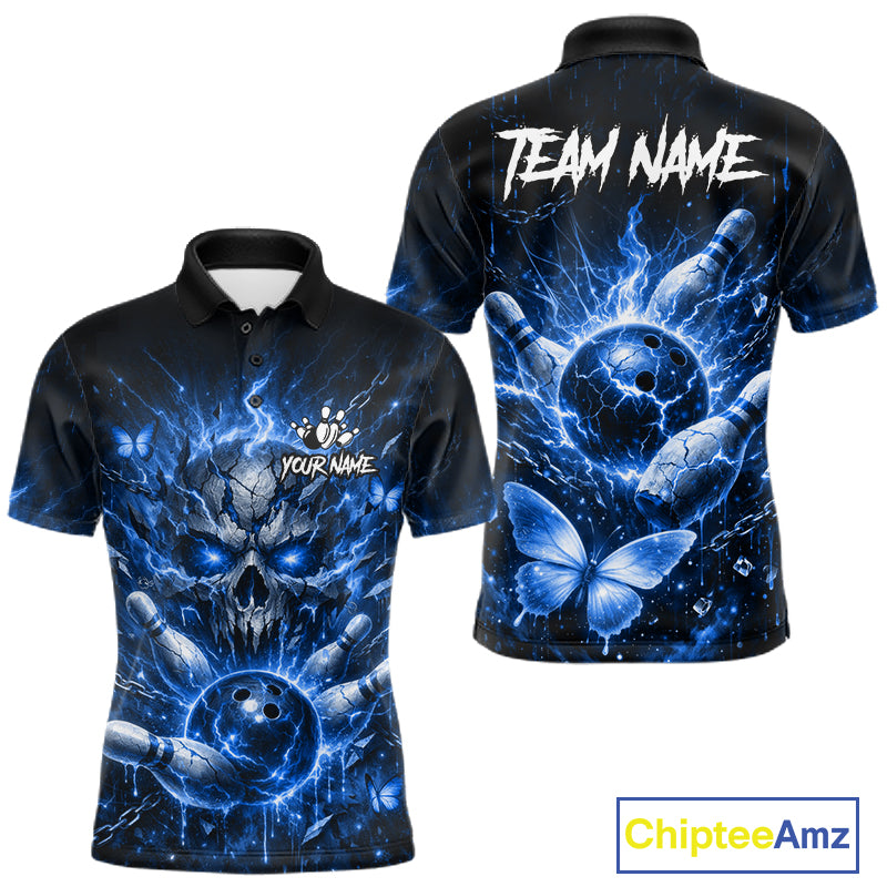 Personalized Blue Butterfly Skull Bowling Shirt For Men Custom Bowling Jersey Polo & 1/4 Zip TDM6384