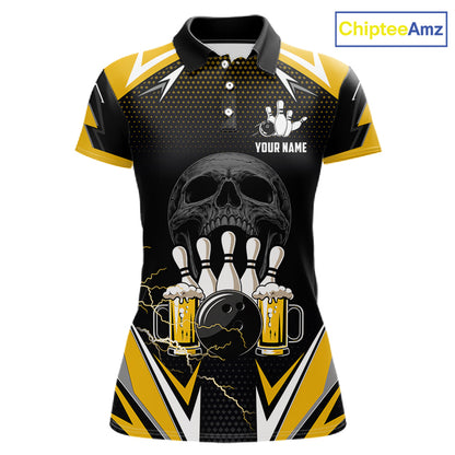 Yellow Black Funny Beer Skull Bowling Shirt For Women Custom Bowling Team Jersey Polo & 1/4 Zip TDM6388