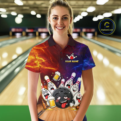Woman wearing custom lightning drunk bowling balls and pins bowling team jersey polo shirt featuring funny bowling balls and pins artwork, front view.