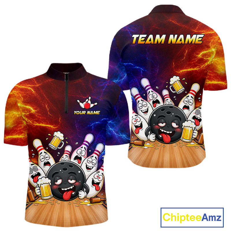 Custom lightning drunk bowling balls and pins bowling team jersey quarter zip shirt for men featuring lightning bowling balls and pins graphics, premium custom bowling apparel.
