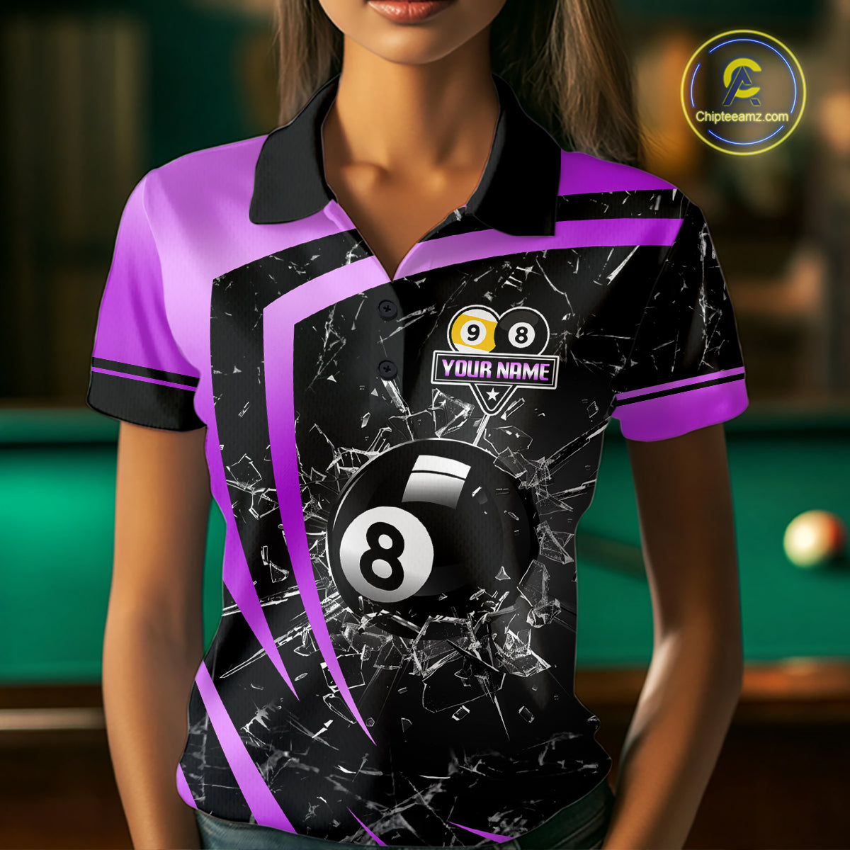 Black And Purple 8 Ball & 9 Ball Glass Break Billiard Shirt For Women Custom Pool Team Jersey Outfit TDM6152