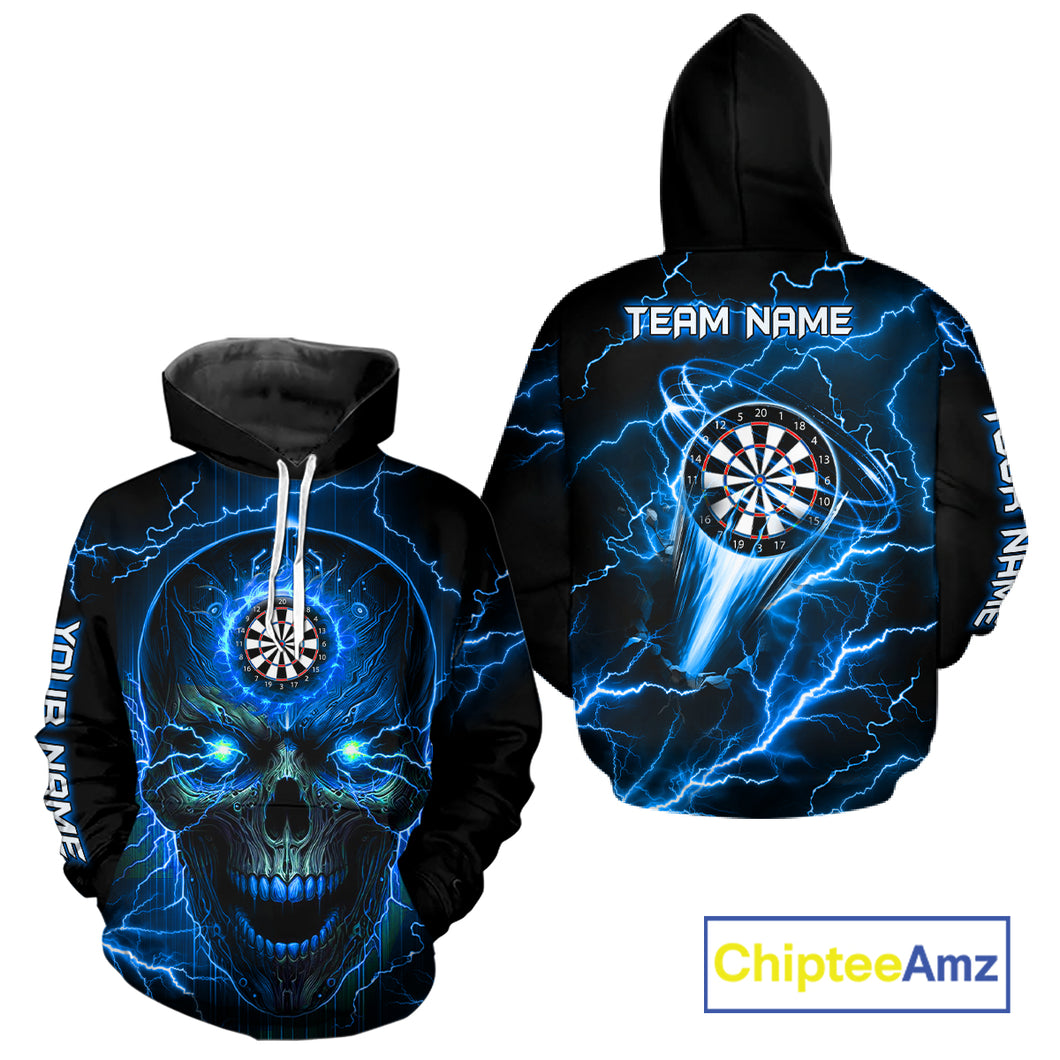 Personalized Blue Lightning Thunder Skull Darts Hoodie Custom Darts Jersey Hoodie For Men & Women TDM1511