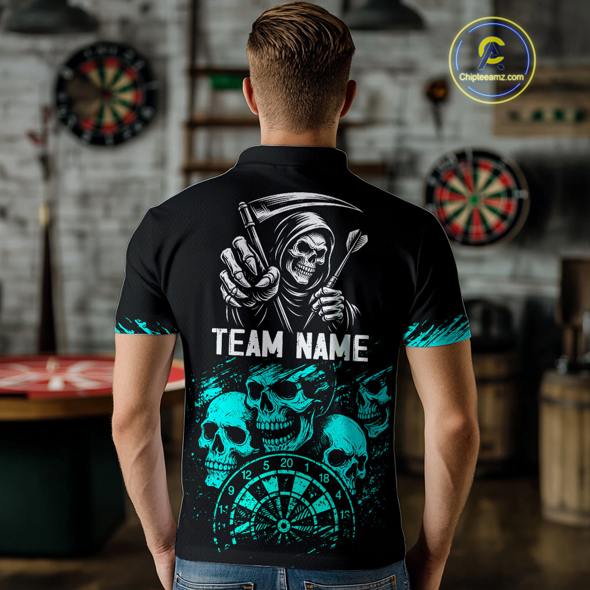 Custom Men's Grim Reaper Dart Shirt – Black Cyan Grunge Dart Jersey Team Polo & Quarter Zip Style TDM4068