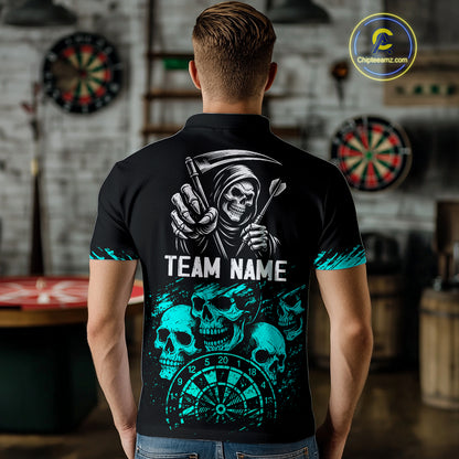 Custom Men's Grim Reaper Dart Shirt – Black Cyan Grunge Dart Jersey Team Polo & Quarter Zip Style TDM4068