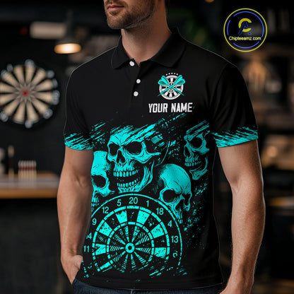 Custom Men's Grim Reaper Dart Shirt – Black Cyan Grunge Dart Jersey Team Polo & Quarter Zip Style TDM4068