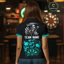 Load image into Gallery viewer, Custom Women&#39;s Grim Reaper Dart Shirt – Black Cyan Grunge Dart Jersey Team Polo &amp; Quarter Zip Style TDM4068