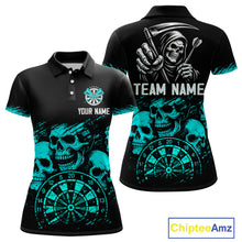 Load image into Gallery viewer, Custom Women&#39;s Grim Reaper Dart Shirt – Black Cyan Grunge Dart Jersey Team Polo &amp; Quarter Zip Style TDM4068
