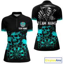Load image into Gallery viewer, Custom Women&#39;s Grim Reaper Dart Shirt – Black Cyan Grunge Dart Jersey Team Polo &amp; Quarter Zip Style TDM4068