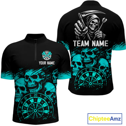 Custom Men's Grim Reaper Dart Shirt – Black Cyan Grunge Dart Jersey Team Polo & Quarter Zip Style TDM4068