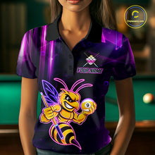 Load image into Gallery viewer, Woman wearing a neon funny bee 9 ball custom billiard jersey front view, personalized pool team shirt.