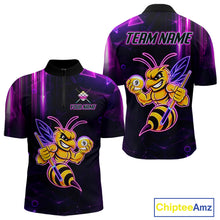 Load image into Gallery viewer, Neon funny bee 9 ball quarter zip billiard shirt for men, custom pool team jersey and tournament apparel.