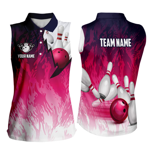 Personalized Pink Bowling Women Sleeveless Polo Shirt Custom Bowling Shirts Bowling Team Jerseys TDM3629