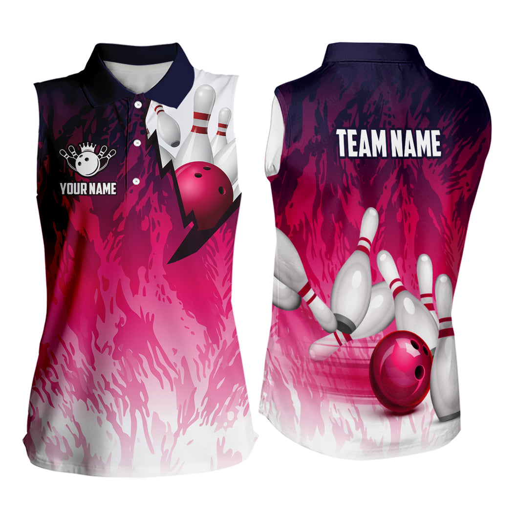 Personalized Pink Bowling Women Sleeveless Polo Shirt Custom Bowling Shirts Bowling Team Jerseys TDM3629