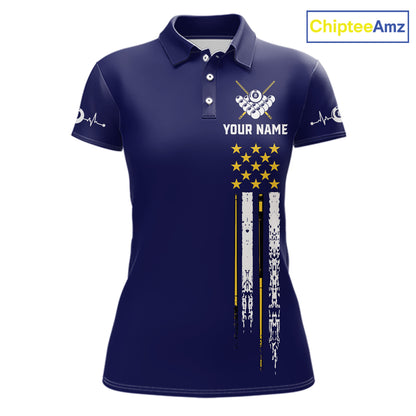 Customized Navy Blue American Flag Billiard Shirt For Women, 8 Ball Pool Team Jersey Polo & 1/4 Zip TDM6586