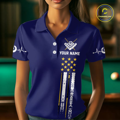 Customized Navy Blue American Flag Billiard Shirt For Women, 8 Ball Pool Team Jersey Polo & 1/4 Zip TDM6586