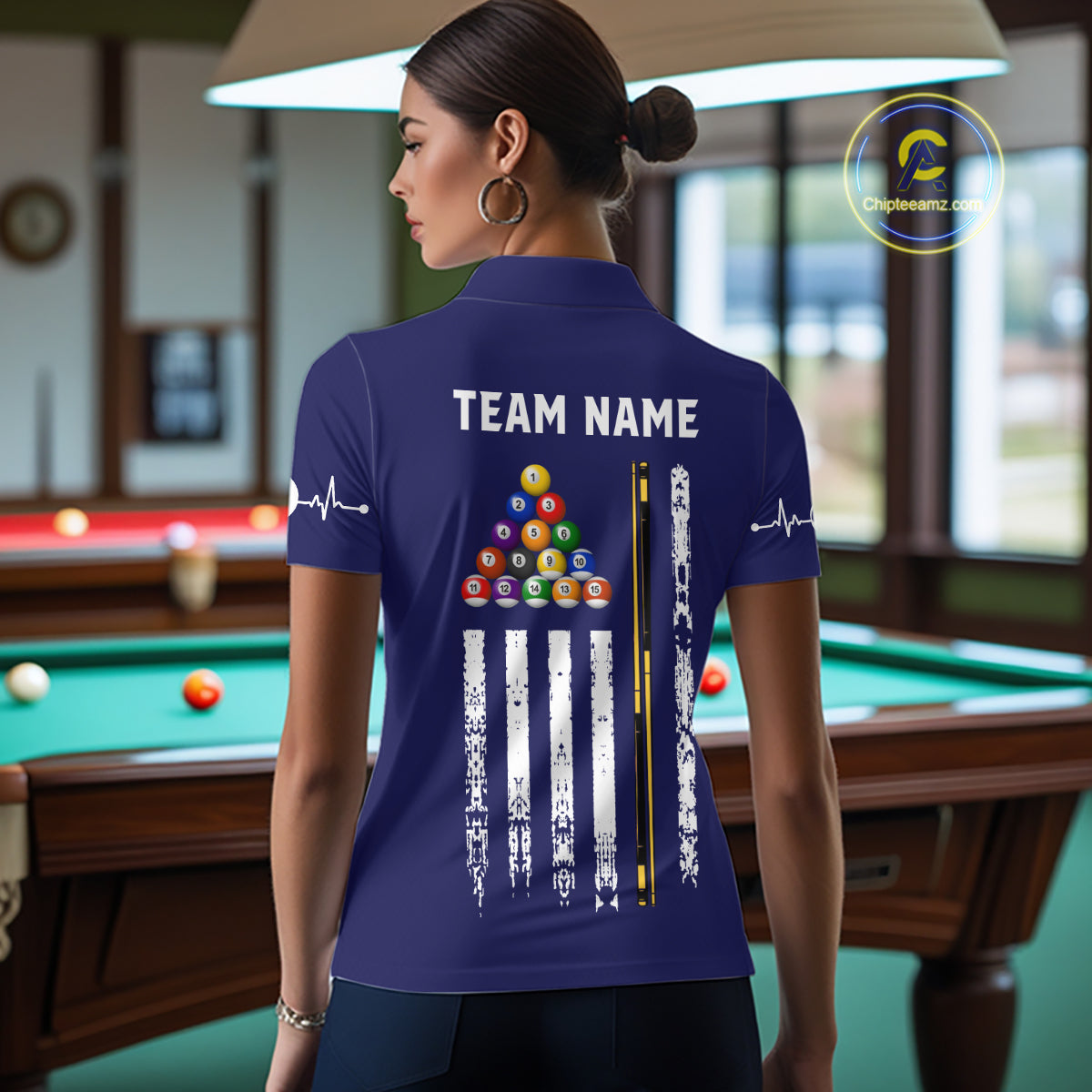 Customized Navy Blue American Flag Billiard Shirt For Women, 8 Ball Pool Team Jersey Polo & 1/4 Zip TDM6586