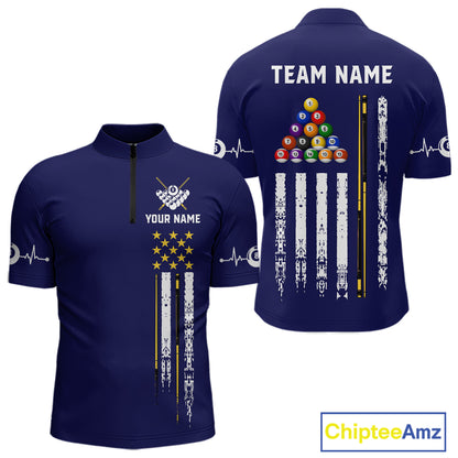 Customized Navy Blue American Flag Billiard Shirt For Men, 8 Ball Pool Team Jersey Polo & 1/4 Zip TDM6586