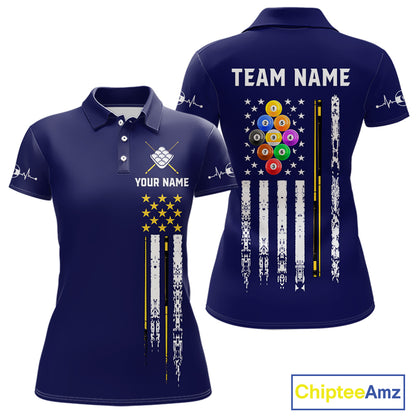 Customized Navy Blue American Flag Billiard Shirt For Women, 9 Ball Pool Team Jersey Polo & 1/4 Zip TDM6587