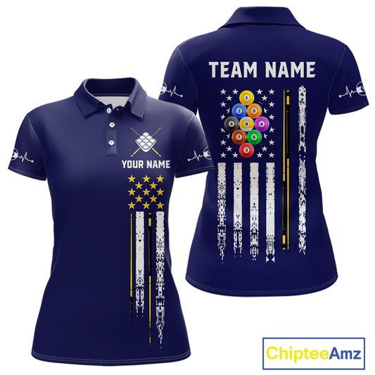 Customized Navy Blue American Flag Billiard Shirt For Women, 9 Ball Pool Team Jersey Polo & 1/4 Zip TDM6587