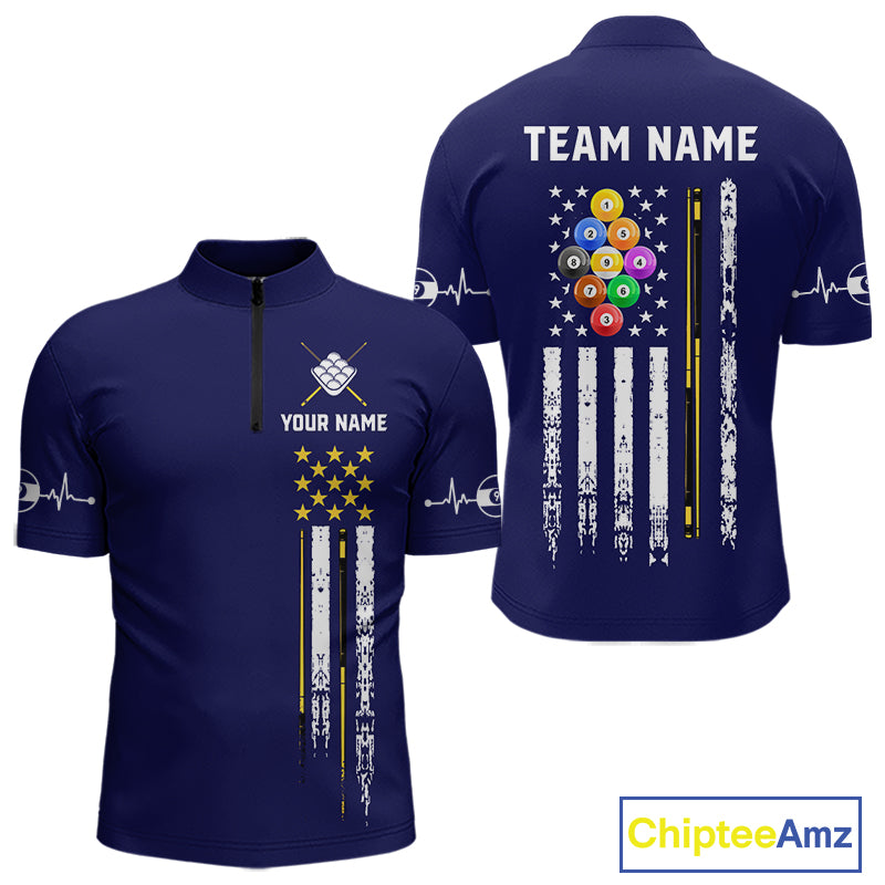 Customized Navy Blue American Flag Billiard Shirt For Men, 9 Ball Pool Team Jersey Polo & 1/4 Zip TDM6587