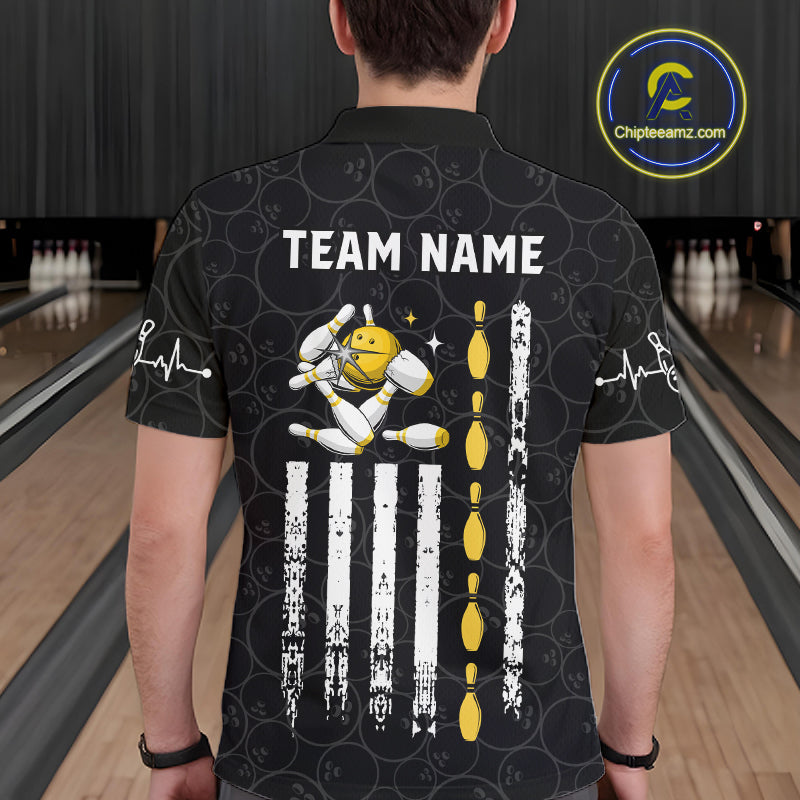 American Flag Black Bowling Shirts For Men Custom Patriotic Bowling Team Jersey Polo & 1/4 Zip TDM6588