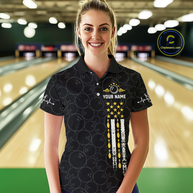 American Flag Black Bowling Shirts For Women Custom Patriotic Bowling Team Jersey Polo & 1/4 Zip TDM6588