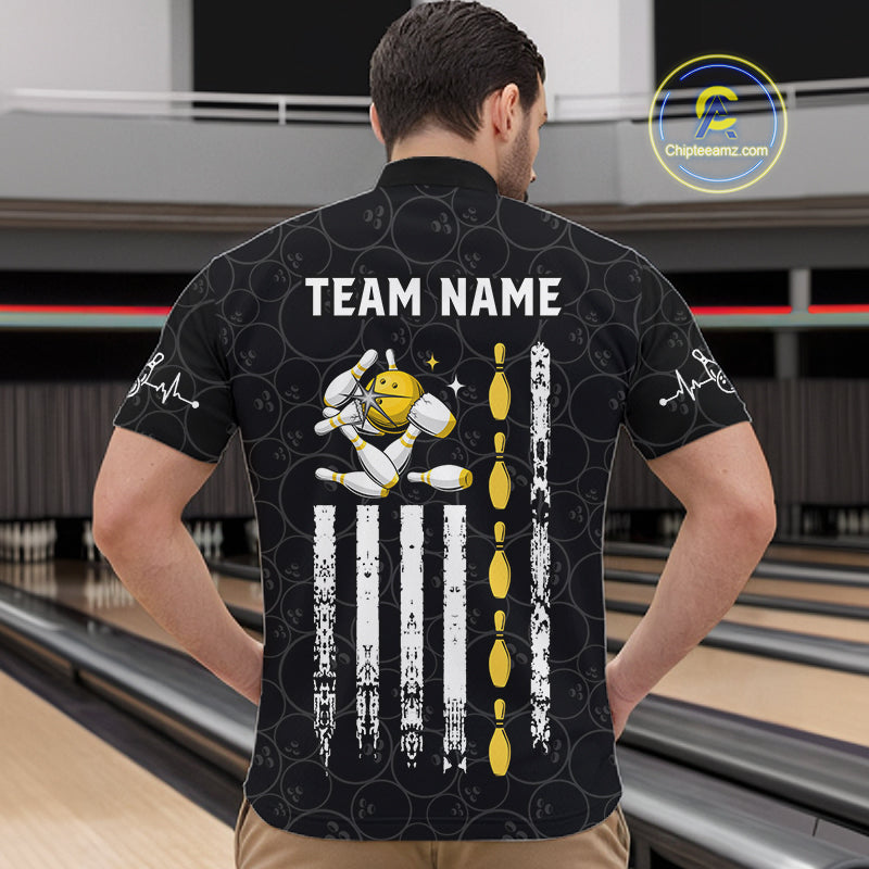 American Flag Black Bowling Shirts For Men Custom Patriotic Bowling Team Jersey Polo & 1/4 Zip TDM6588