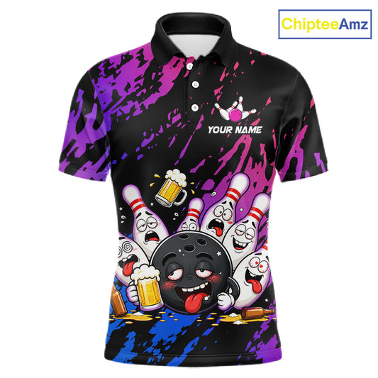 Custom Blue Purple Drunk Bowling Balls And Pins Funny Bowling Shirts For Men, Beer Bowling Jersey TDM6596