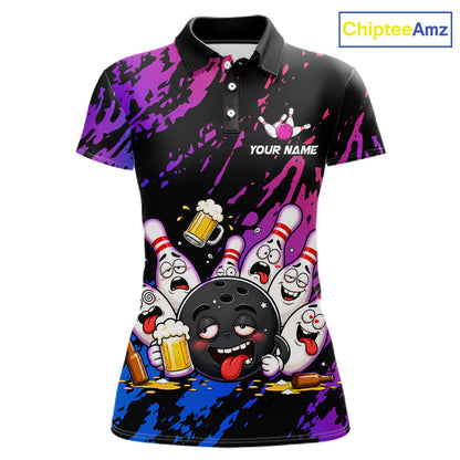 Custom Blue Purple Drunk Bowling Balls And Pins Funny Bowling Shirts For Women, Beer Bowling Jersey TDM6596