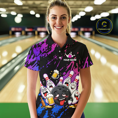 Custom Blue Purple Drunk Bowling Balls And Pins Funny Bowling Shirts For Women, Beer Bowling Jersey TDM6596