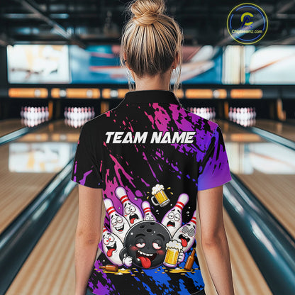 Custom Blue Purple Drunk Bowling Balls And Pins Funny Bowling Shirts For Women, Beer Bowling Jersey TDM6596