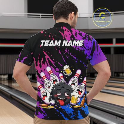 Custom Blue Purple Drunk Bowling Balls And Pins Funny Bowling Shirts For Men, Beer Bowling Jersey TDM6596