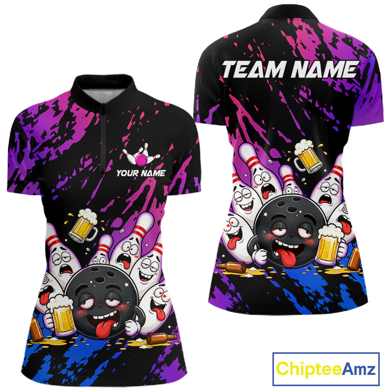Custom Blue Purple Drunk Bowling Balls And Pins Funny Bowling Shirts For Women, Beer Bowling Jersey TDM6596