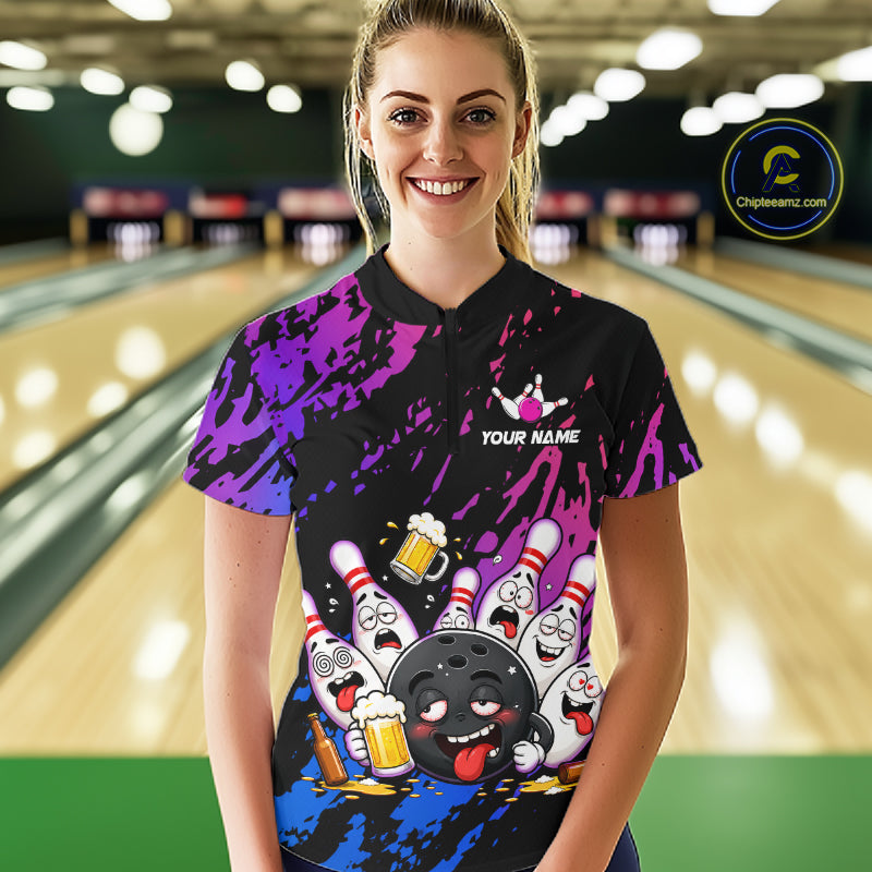 Custom Blue Purple Drunk Bowling Balls And Pins Funny Bowling Shirts For Women, Beer Bowling Jersey TDM6596
