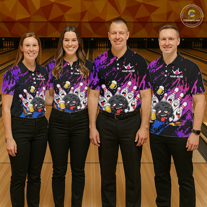 Custom Blue Purple Drunk Bowling Balls And Pins Funny Bowling Shirts For Women, Beer Bowling Jersey TDM6596
