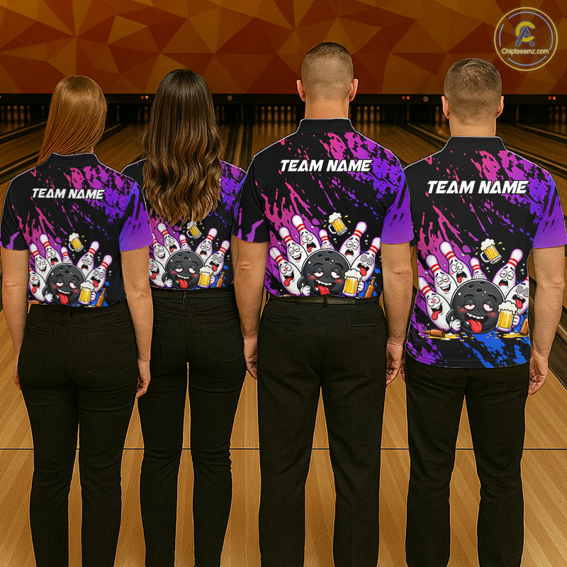 Custom Blue Purple Drunk Bowling Balls And Pins Funny Bowling Shirts For Women, Beer Bowling Jersey TDM6596