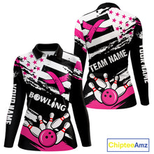 Load image into Gallery viewer, Breast Cancer Awareness American Flag Bowling Shirt For Women Custom Pink Ribbon Bowling Team Jersey TDM4655