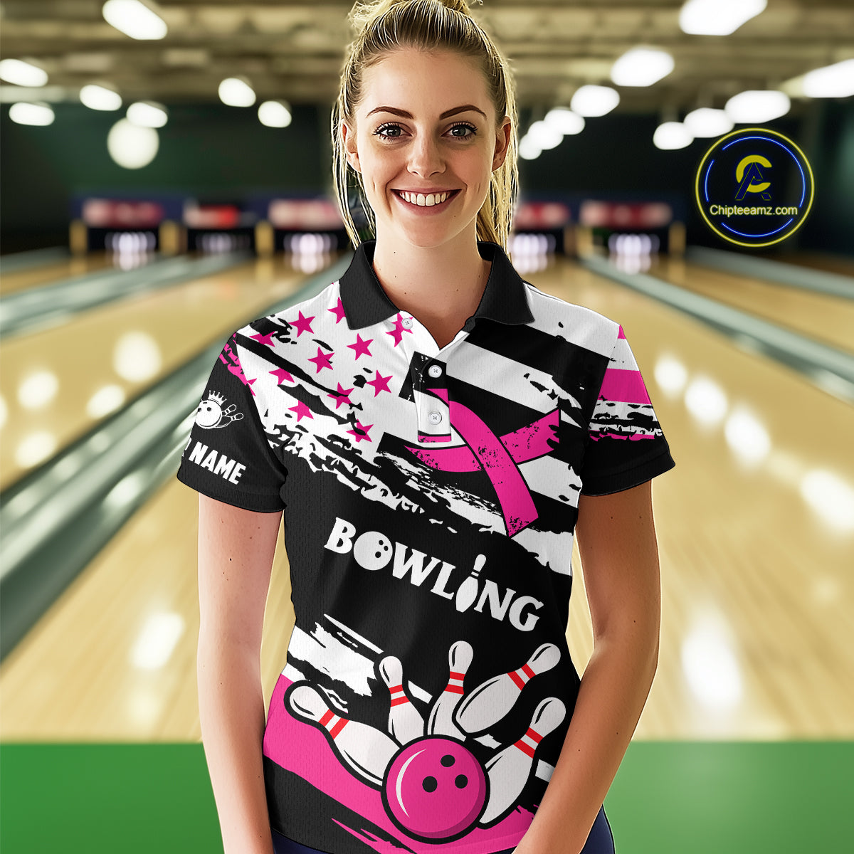 Breast Cancer Awareness American Flag Bowling Shirt For Women Custom Pink Ribbon Bowling Team Jersey TDM4655