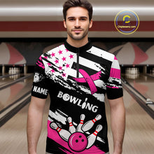 Load image into Gallery viewer, Breast Cancer Awareness American Flag Bowling Shirt For Men Custom Pink Ribbon Bowling Team Jersey TDM4655