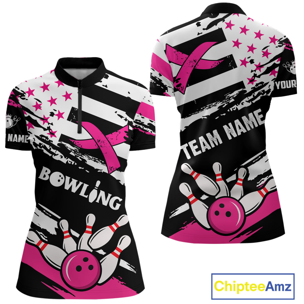 Breast Cancer Awareness American Flag Bowling Shirt For Women Custom Pink Ribbon Bowling Team Jersey TDM4655