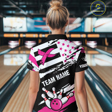 Load image into Gallery viewer, Breast Cancer Awareness American Flag Bowling Shirt For Women Custom Pink Ribbon Bowling Team Jersey TDM4655
