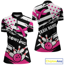 Load image into Gallery viewer, Breast Cancer Awareness American Flag Bowling Shirt For Women Custom Pink Ribbon Bowling Team Jersey TDM4655